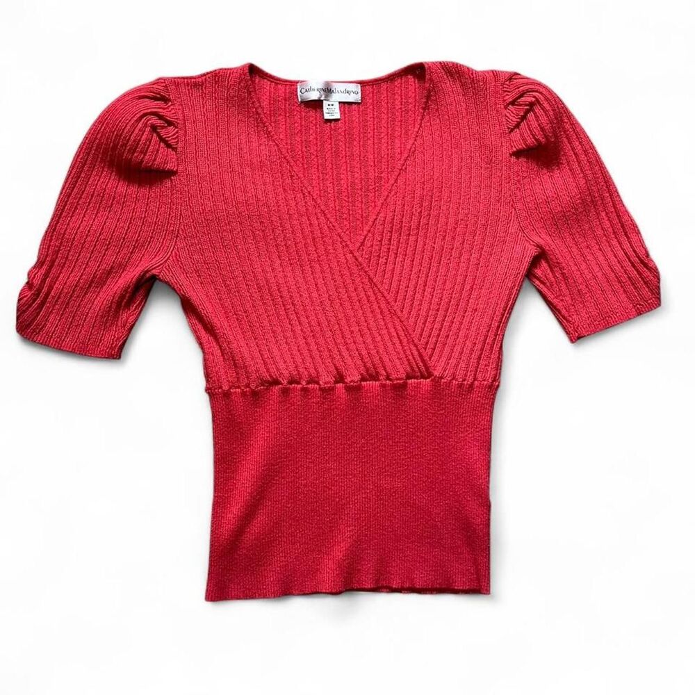 Catherine Malandrino Women's Red Deep V-Neck Wrap Short Sleeve Blouse
